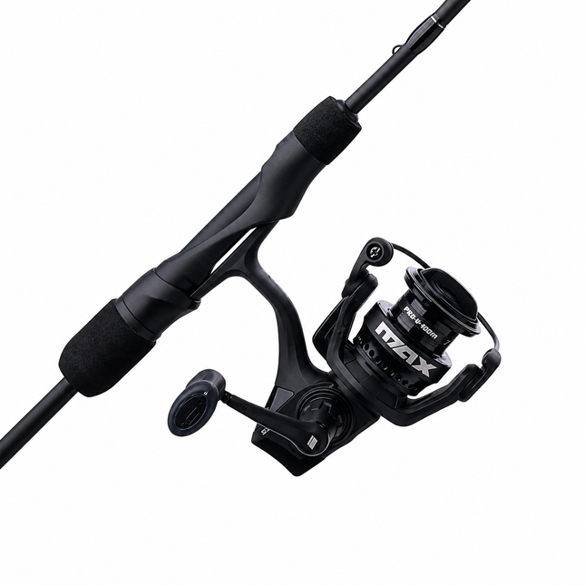 Abu Garcia Max SX Spinning Combo with black spinning reel and graphite rod on white background