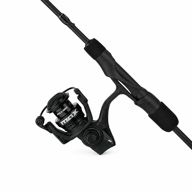 Abu Garcia Max SX Spinning Combo with black spinning reel and graphite rod on white background