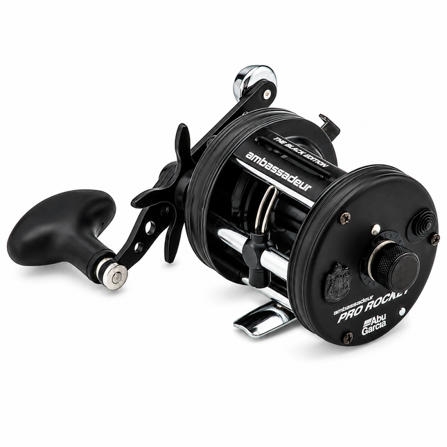 Abu Garcia Ambassadeur® CS Pro Rocket Black Edition round baitcast reel on white background
