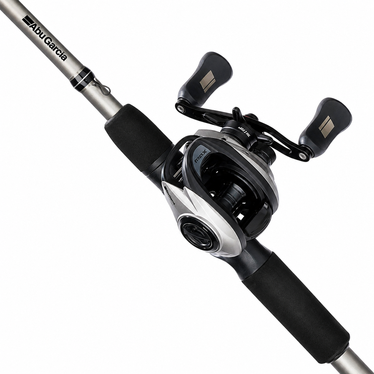 Abu Garcia Max X Baitcasting Combo with low-profile baitcast reel and graphite casting rod on white background