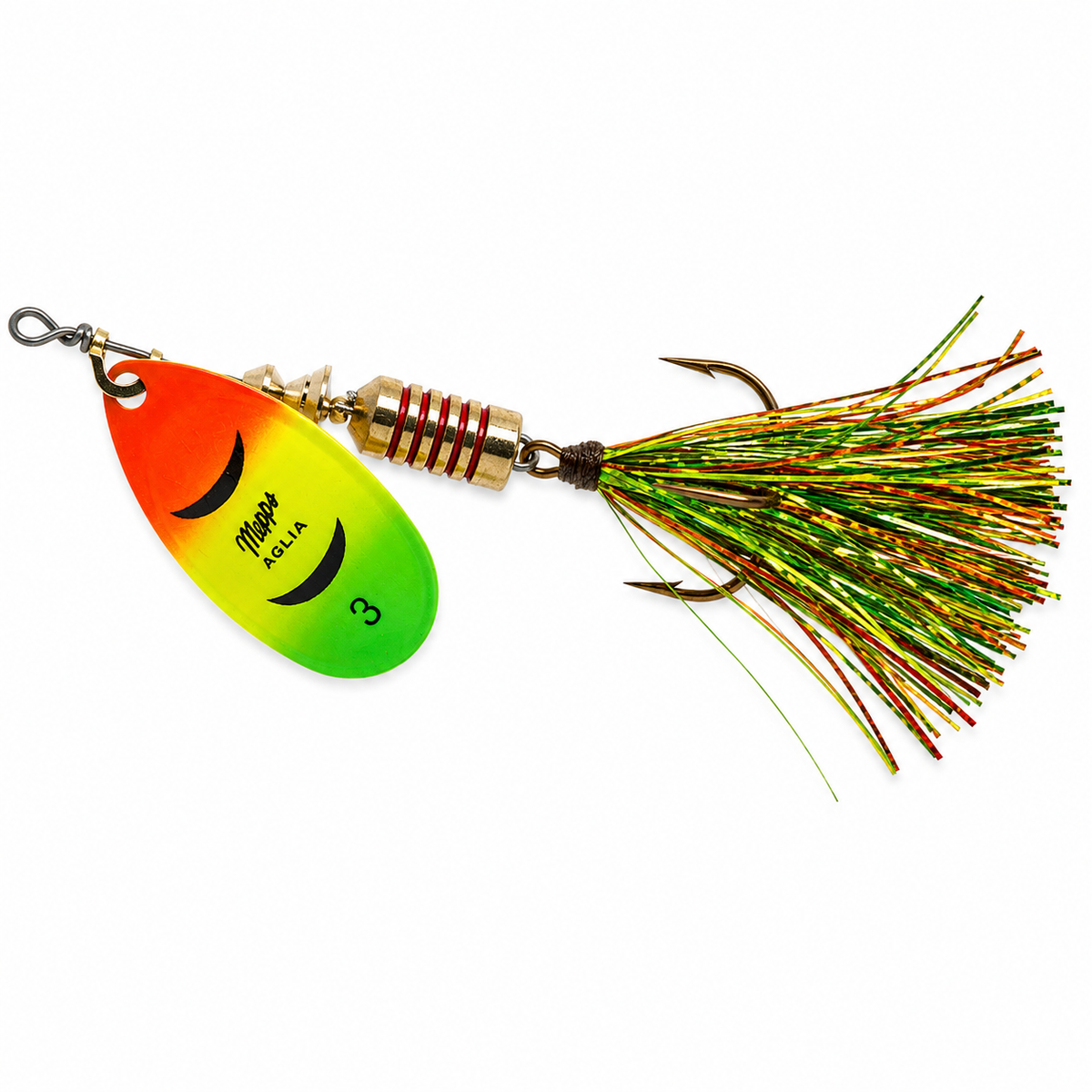 Mepps Aglia Flashabou Spinner Firetiger color with holographic green and orange Flashabou tail on white background