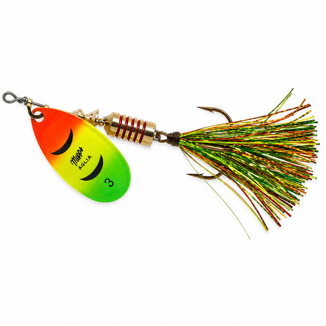 Mepps Aglia Flashabou Spinner Firetiger color with holographic green and orange Flashabou tail on white background
