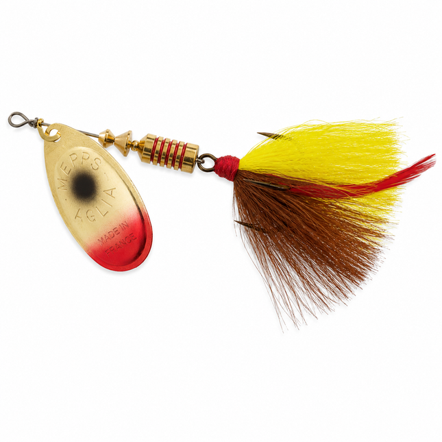 Mepps Aglia Bait Dressed Spinner with forage-pattern blade and dressed tail on white background