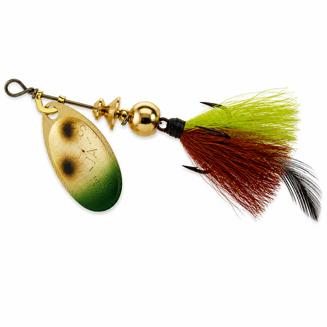 Mepps Aglia Bait Dressed Spinner with forage-pattern blade and dressed tail on white background