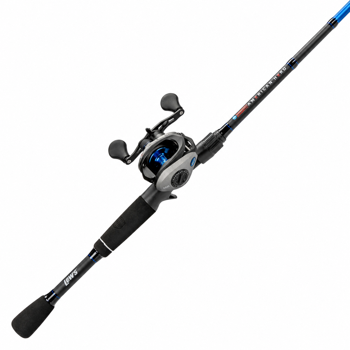Lew’s American Hero Baitcast Combo with graphite baitcasting reel and IM6 casting rod on white background