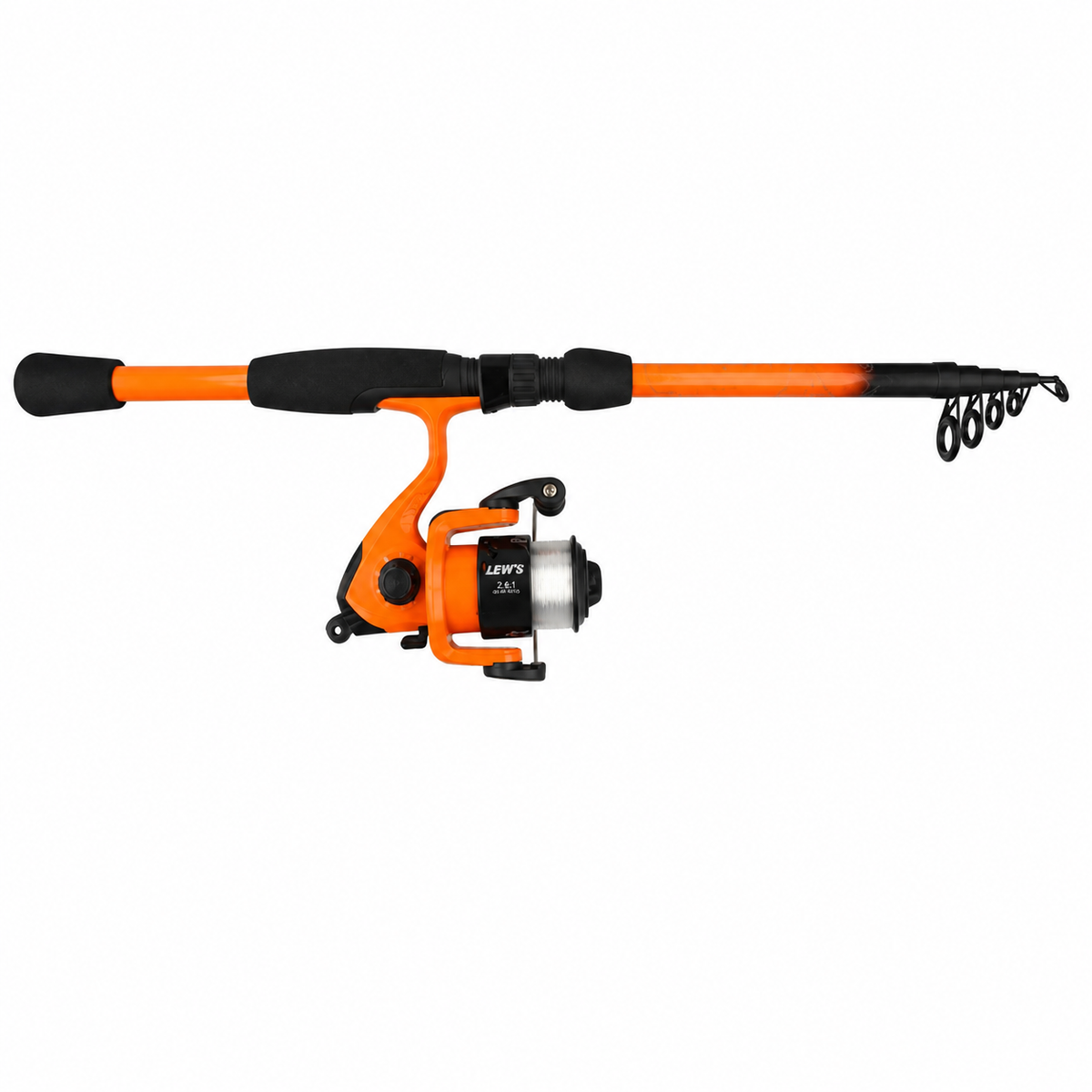 Eagle Claw Pack-It Expedition telescopic spinning combo with orange rod and spinning reel on white background