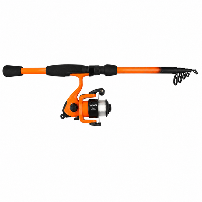 Eagle Claw Pack-It Expedition telescopic spinning combo with orange rod and spinning reel on white background