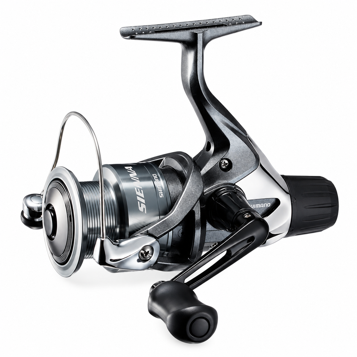 Shimano Sienna rear drag spinning reel with graphite body and silver spool