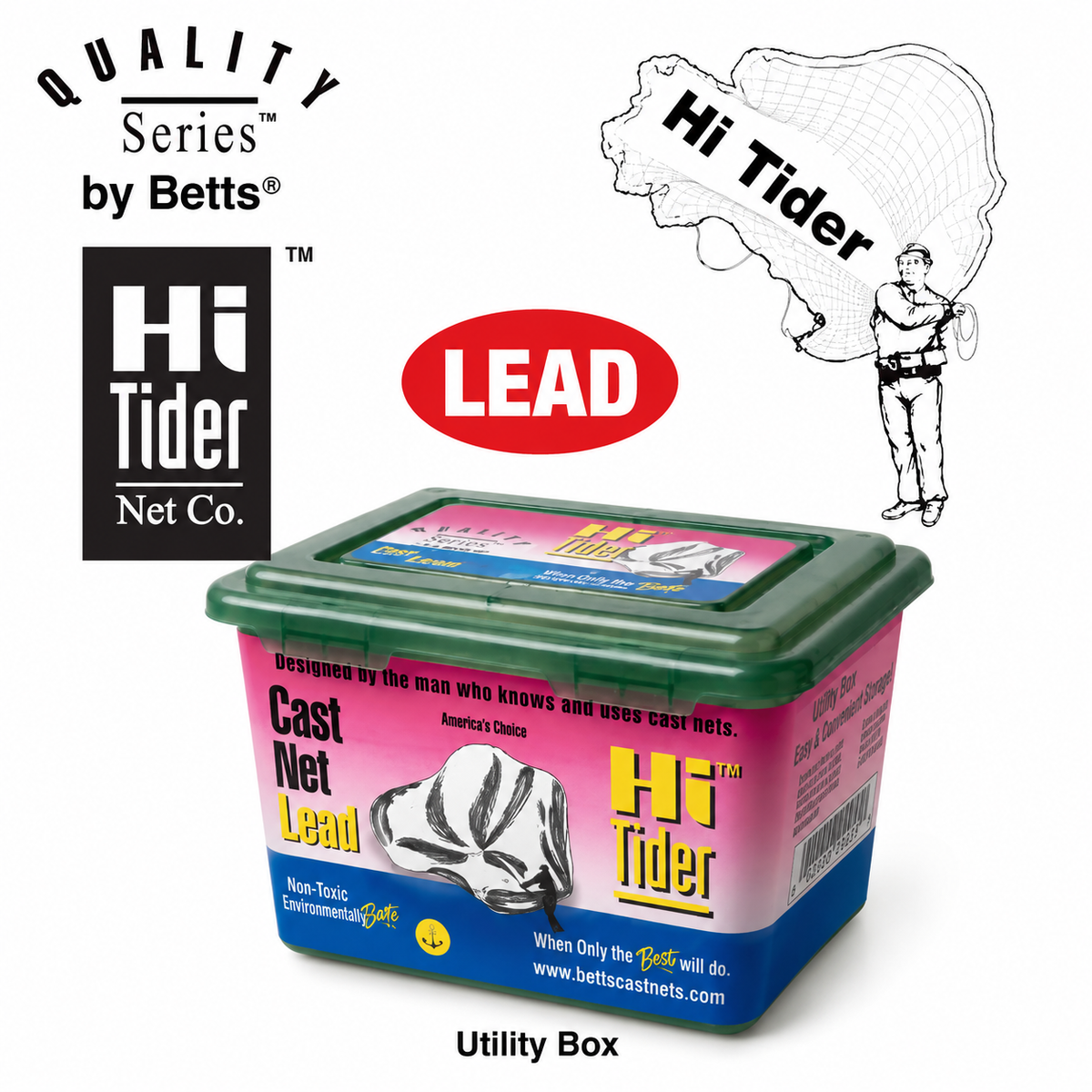 Betts Hi-Tider cast net with balanced lead weights and utility storage box for live bait fishing