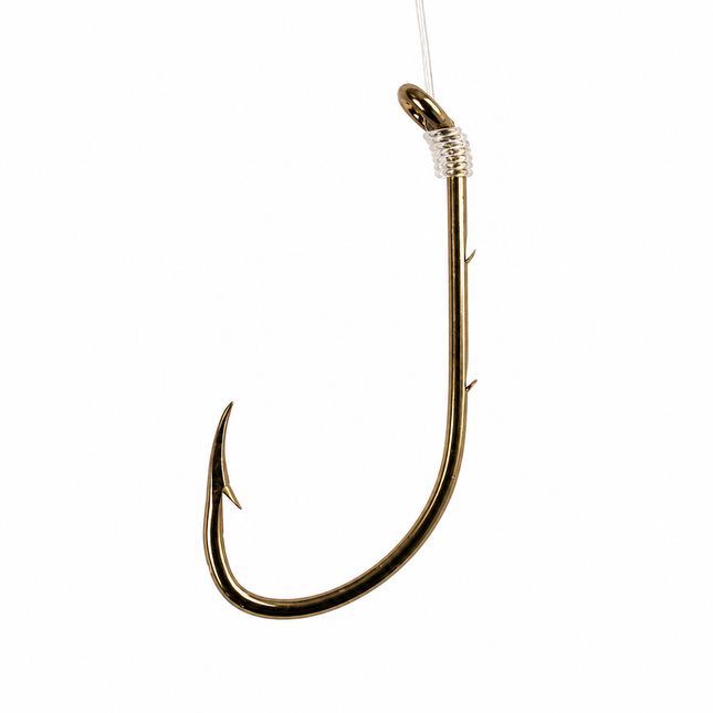 Eagle Claw Baitholder Snelled Bronze Hook pre-tied on monofilament leader with bait-holding slices for live bait fishing.