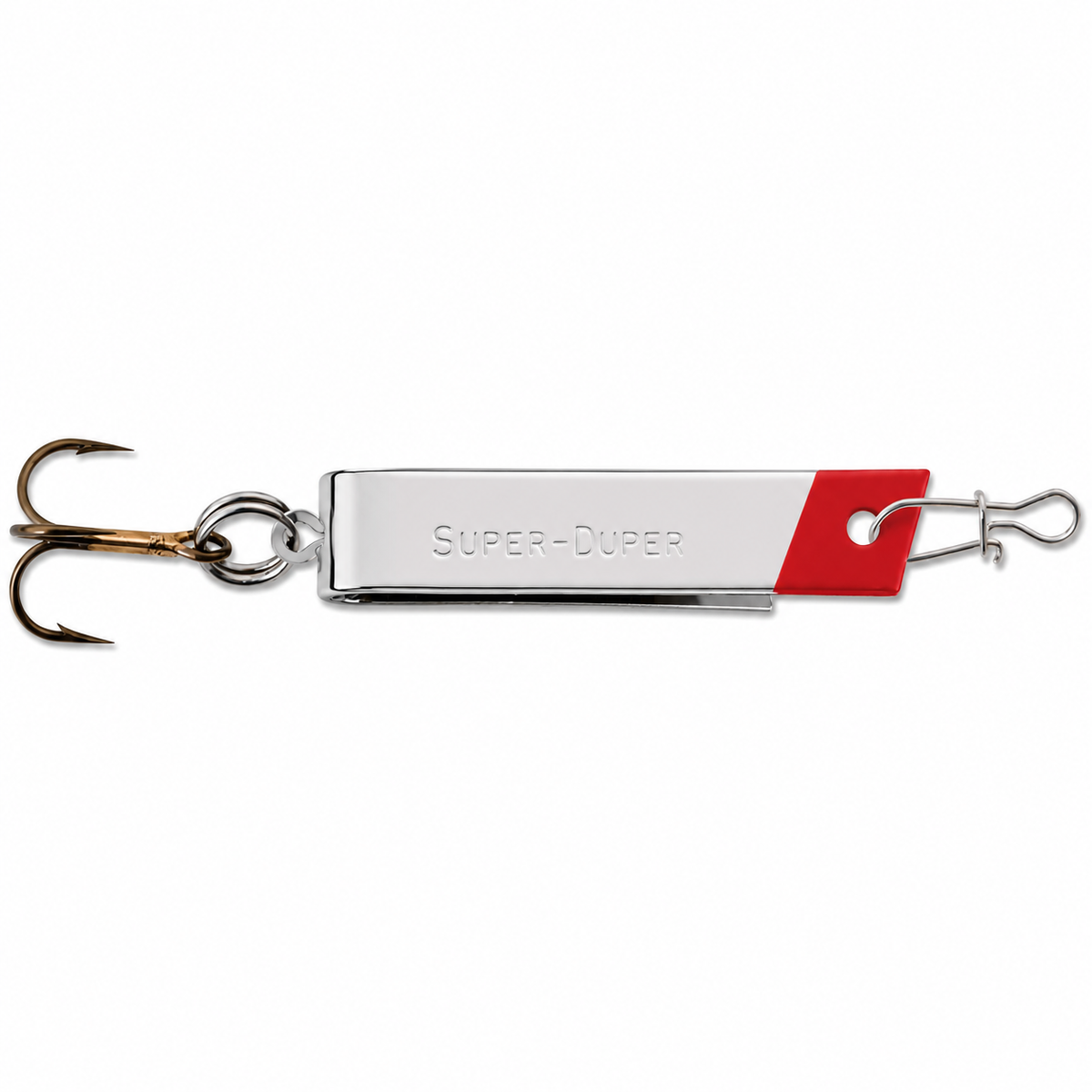 Luhr Jensen Super Duper Spoon trout fishing lure with unique U-shaped design and erratic action in Nickel/Red Head