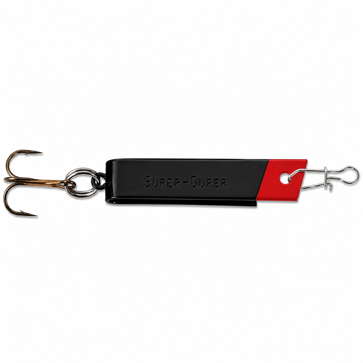 Luhr Jensen Super Duper Spoon trout fishing lure with unique U-shaped design and erratic action in Shiny Black/Fire Head