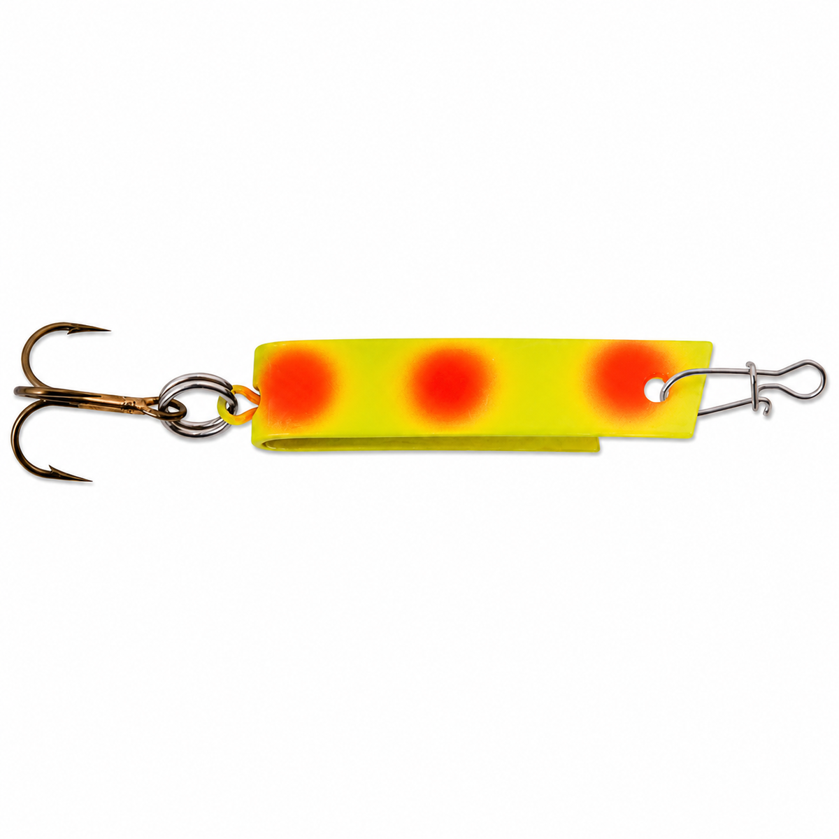 Luhr Jensen Super Duper Spoon trout fishing lure with unique U-shaped design and erratic action in Chartreuse/Fire Dot