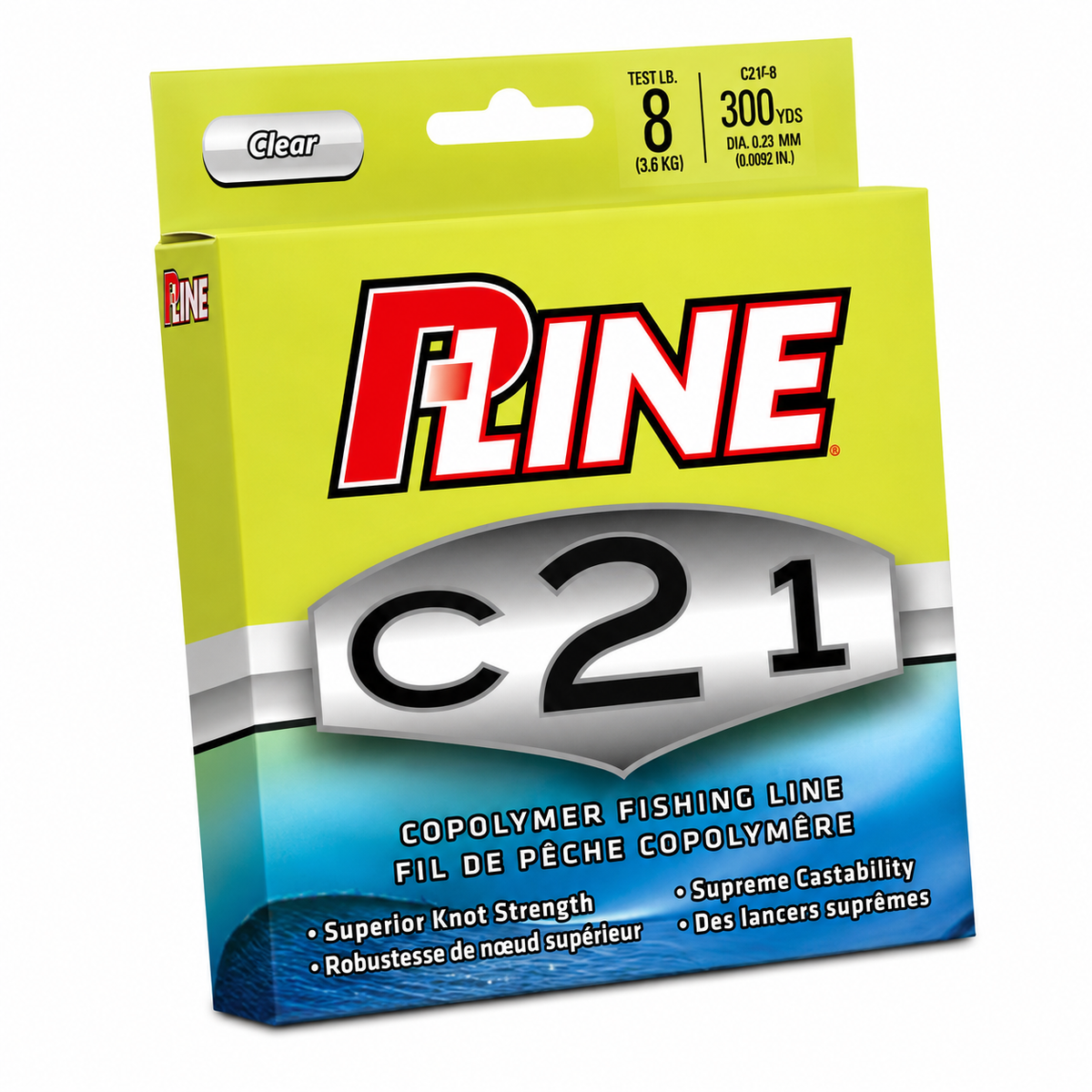 P-Line C21 clear copolymer fishing line spool with superior knot strength and castability on white background