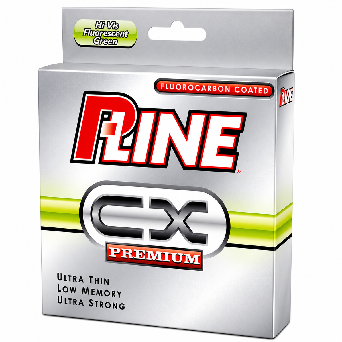 P-Line CX Premium fluorocarbon coated fishing line in Hi-Vis Fluorescent Green for enhanced line visibility and sensitivity
