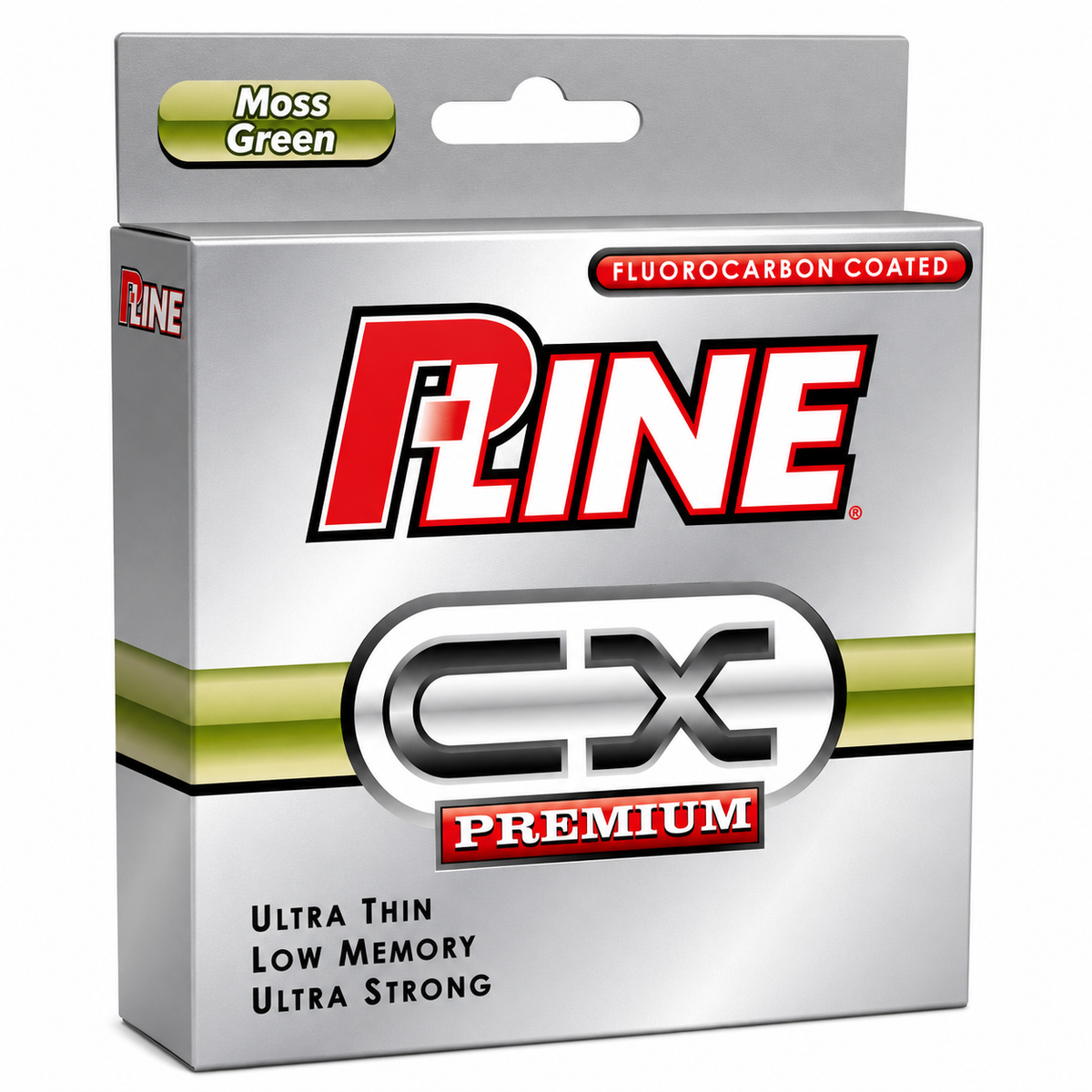 P-Line CX Premium fluorocarbon coated fishing line in Moss Green for freshwater fishing applications