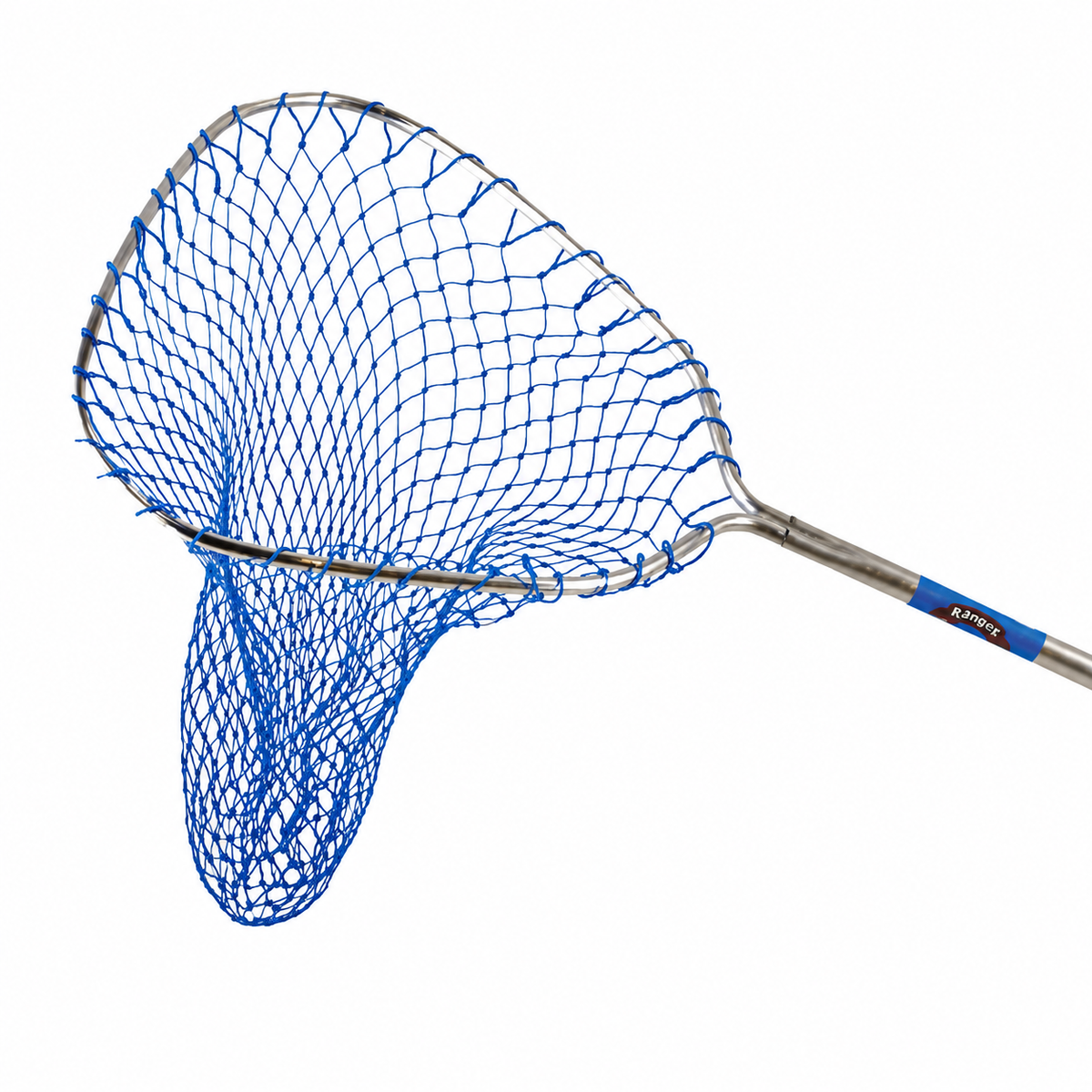 Ranger RNG344 fishing landing net with blue mesh netting and extended telescoping handle on white background