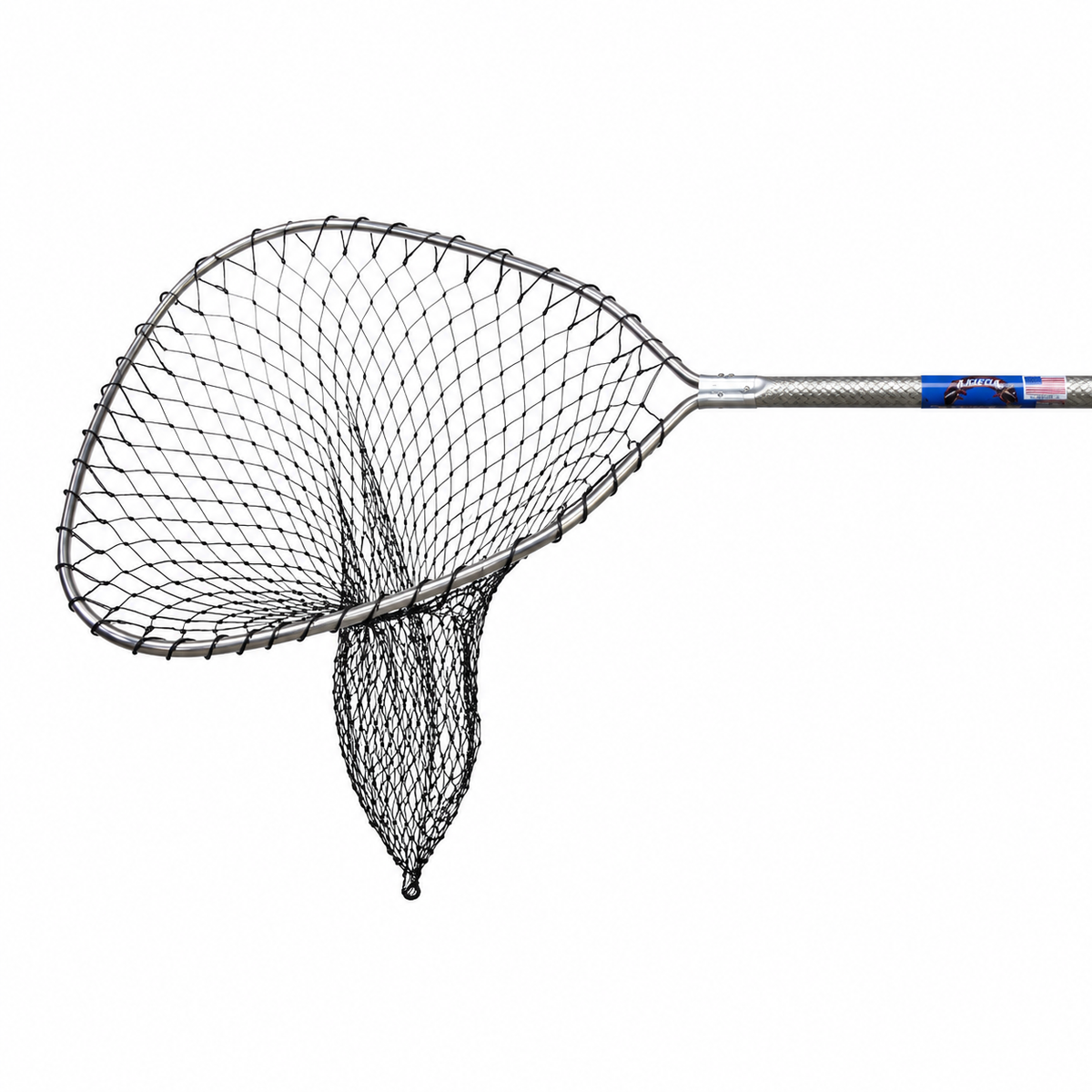 Ranger RNG350T landing net with aluminum handle and black rubber mesh on white background