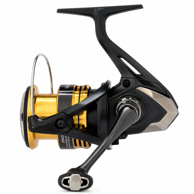 Shimano Sahara FJ spinning reel with black body and gold spool
