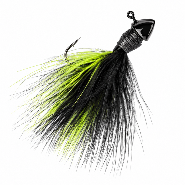 Strike King Tour Grade Hair Jig hand-tied marabou finesse fishing jig in Black Chartreuse on white background