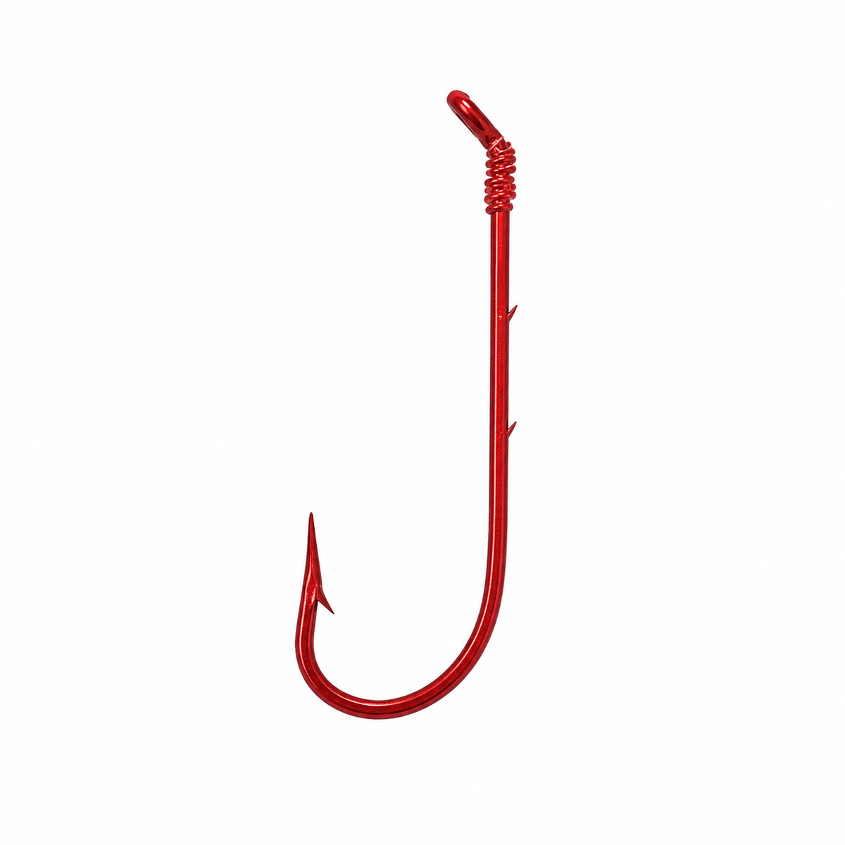 Tru-Turn 303G Blood Red snelled baitholder hook with cam-action design and monofilament leader on white background
