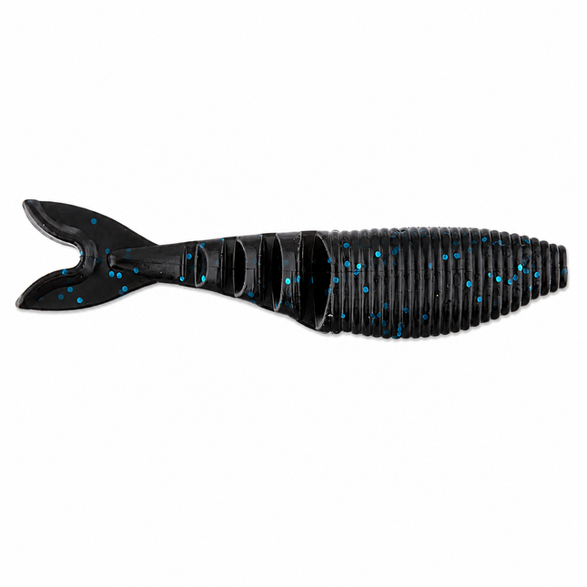 Yamamoto Zako Swimbait soft plastic bass fishing lure with deep shad profile and accordion tail on white background in Black w/ Blue Flake