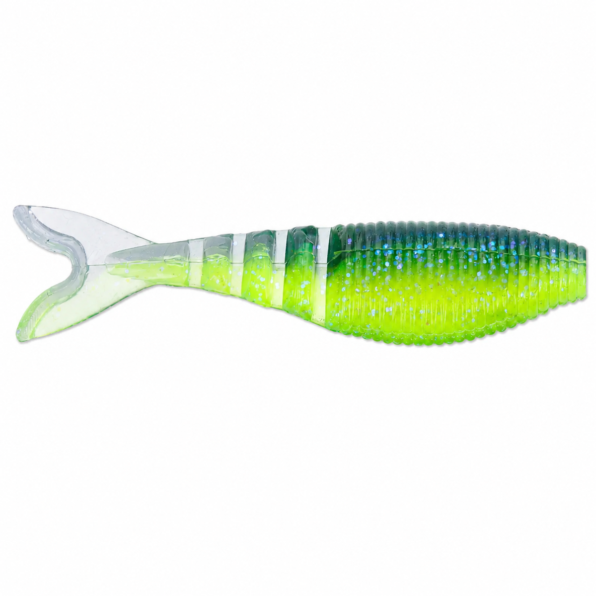Yamamoto Zako Swimbait soft plastic bass fishing lure with deep shad profile and accordion tail on white background in Chartreuse/Electric Blue