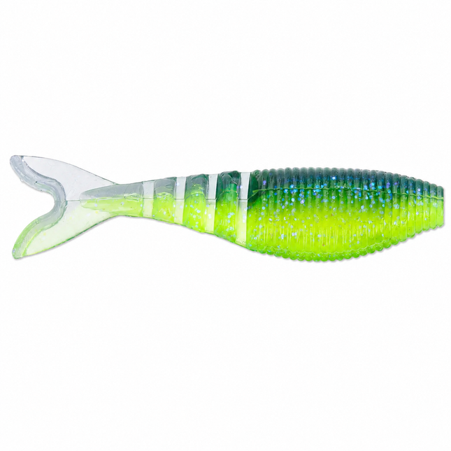 Yamamoto Zako Swimbait soft plastic bass fishing lure with deep shad profile and accordion tail on white background in Chartreuse/Electric Blue