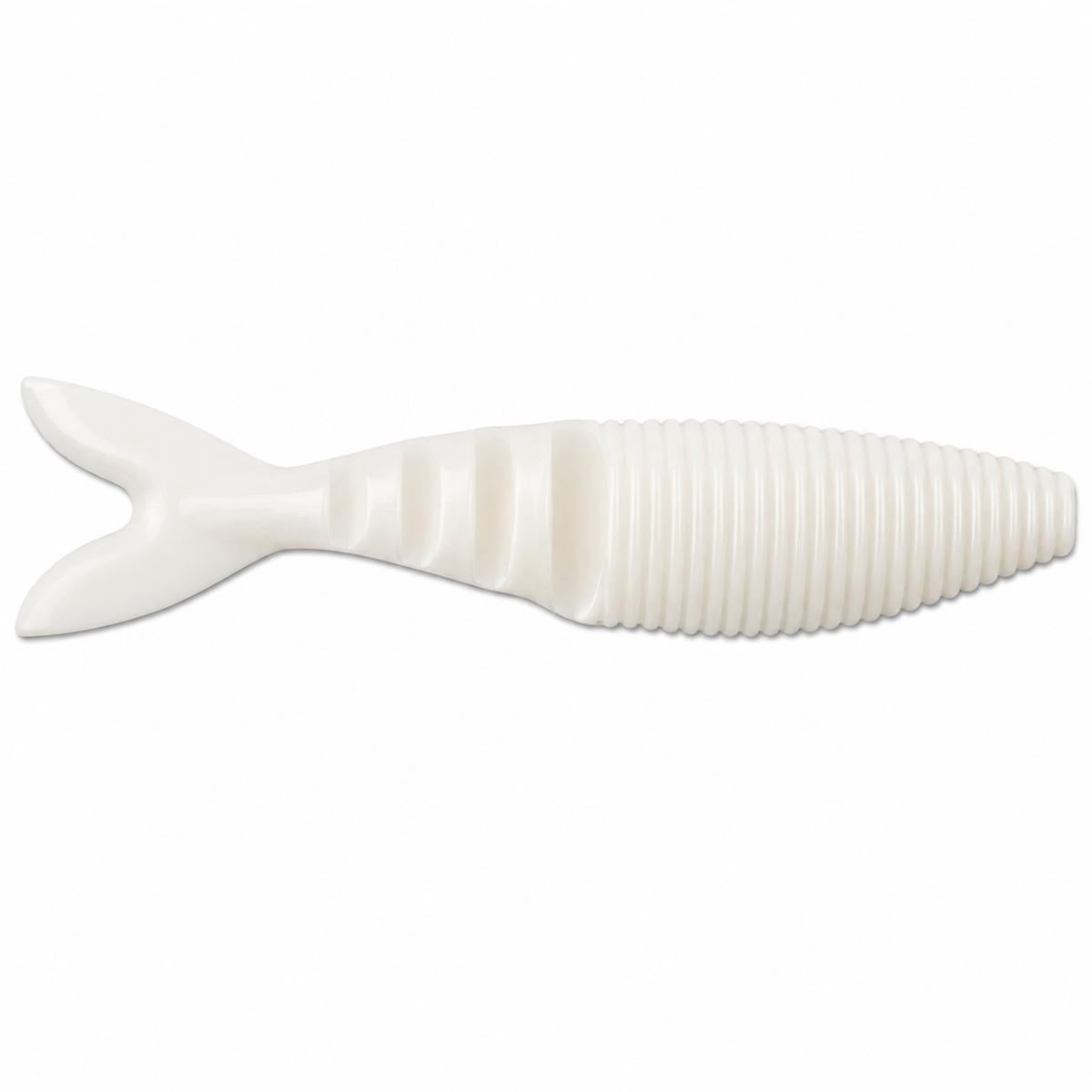 Yamamoto Zako Swimbait soft plastic bass fishing lure with deep shad profile and accordion tail on white background in Cream White