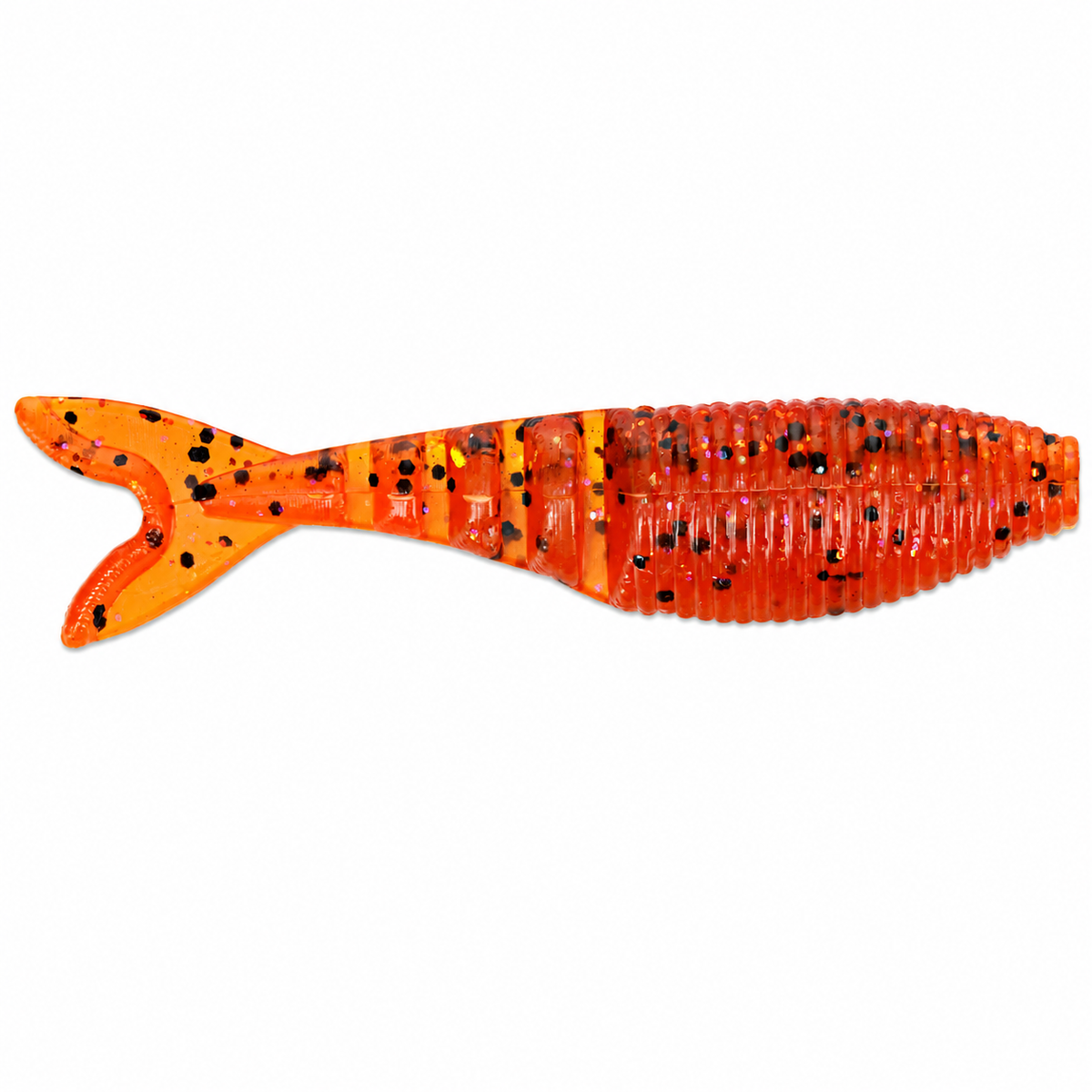 Yamamoto Zako Swimbait soft plastic bass fishing lure with deep shad profile and accordion tail on white background in Fire Craw