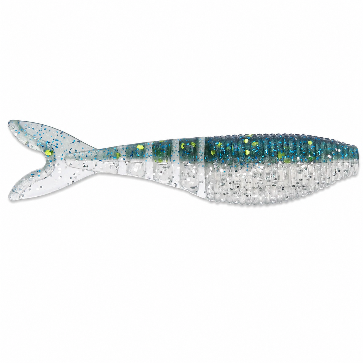 Yamamoto Zako Swimbait soft plastic bass fishing lure with deep shad profile and accordion tail on white background in Green Gizzard