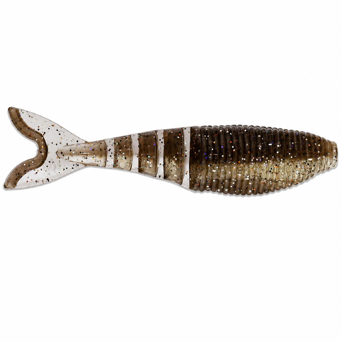 Yamamoto Zako Swimbait soft plastic bass fishing lure with deep shad profile and accordion tail on white background in Rainbow Shad