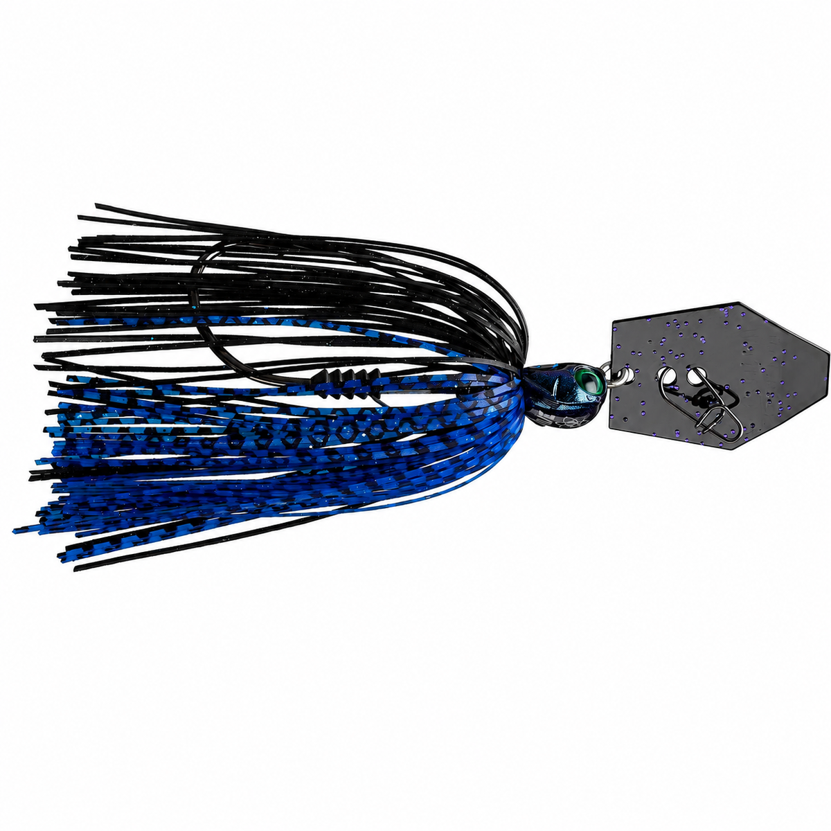 Z-Man Tungsten Chatterbait Elite EVO bladed jig with silicone skirt and ChatterBlade in Black/Blue on white background