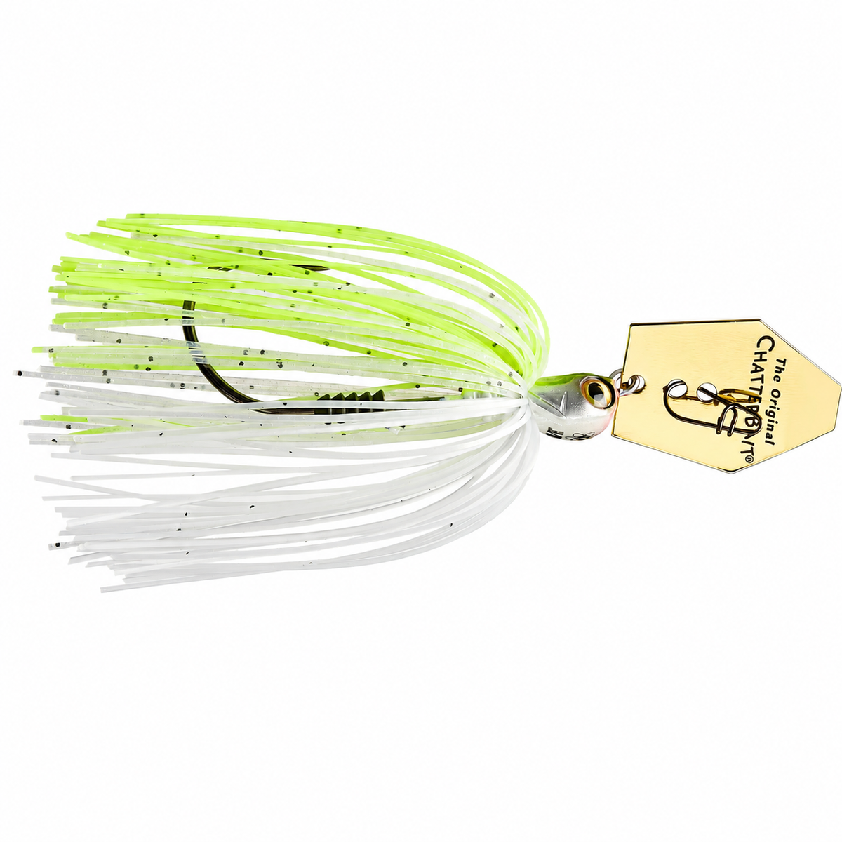 Z-Man Tungsten Chatterbait Elite EVO bladed jig with silicone skirt and ChatterBlade in Chartreuse White on white background