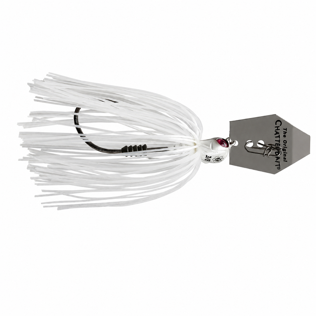 Z-Man Tungsten Chatterbait Elite EVO bladed jig with silicone skirt and ChatterBlade in White on white background